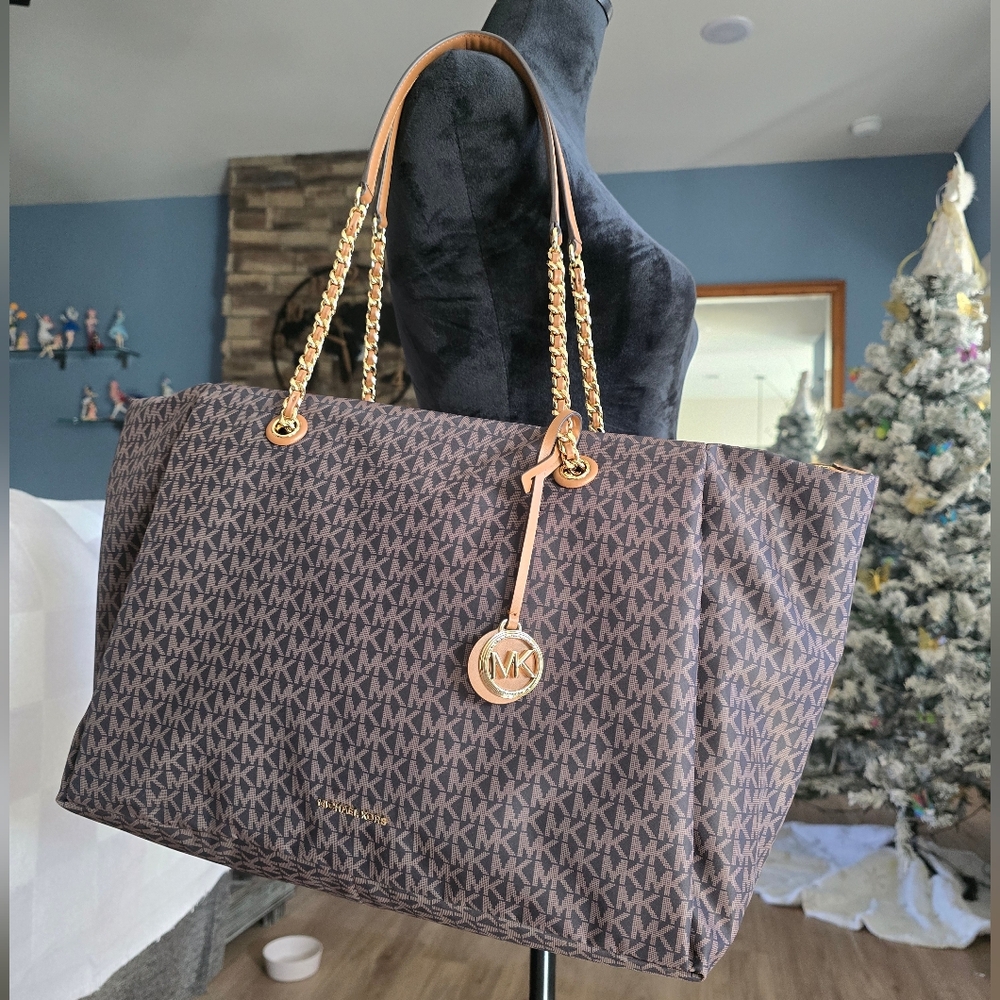 Michael Kors Monogram Brown Tote with Gold Accents